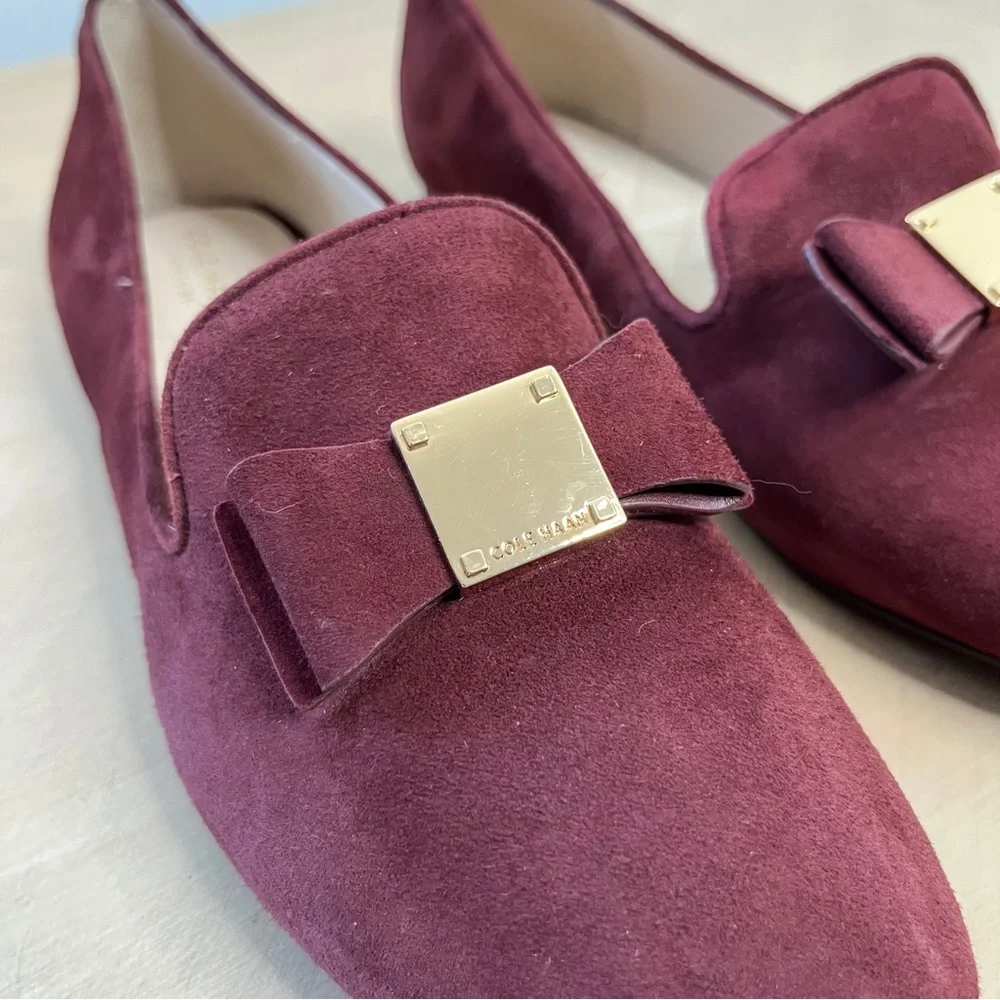 Cole Haan Tali Bow Flats Red Maroon Suede Leather Gold Buckle Loafers Women's 9 - Picture 5 of 8